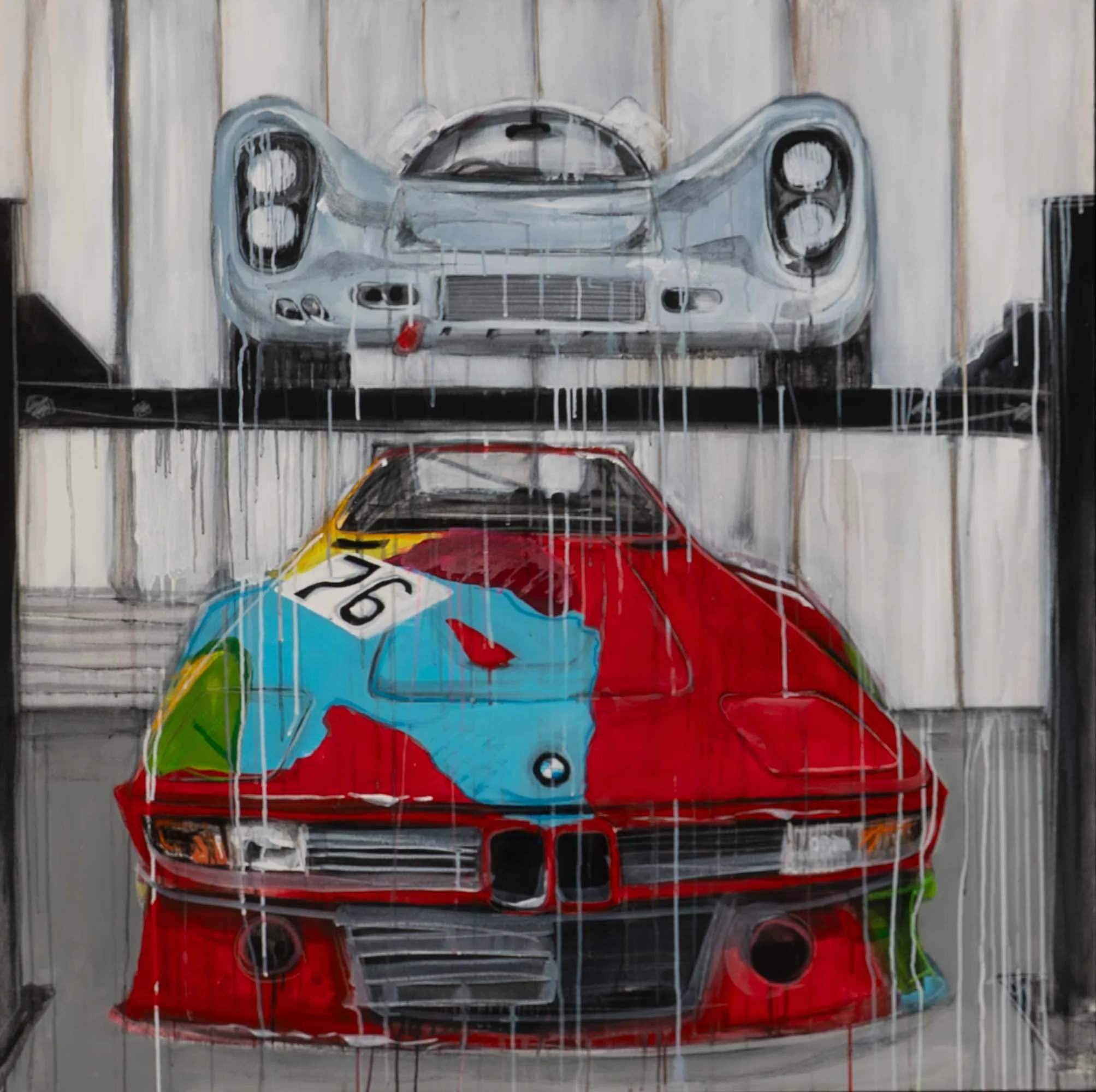  BMW M1 + Porsche 907  
Acrylic, pastel, charcoal on board
48” x 48”