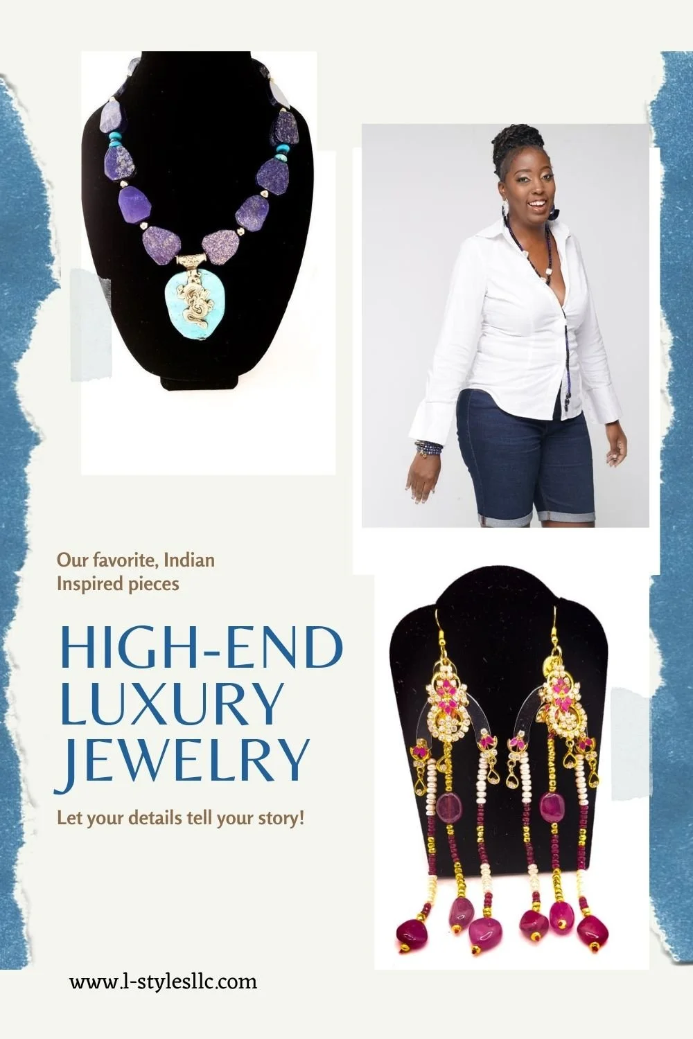 Advertisement for high-end Indian-inspired jewelry featuring a purple and turquoise necklace and a pair of gold and pink earrings, with a woman wearing jewelry and casual attire in the background.