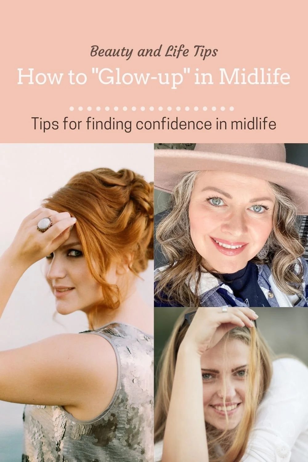 A promotional graphic featuring three women with different hairstyles and appearances, promoting tips for boosting confidence in midlife. The top part of the image has a pink background with text that reads 'Beauty and Life Tips How to