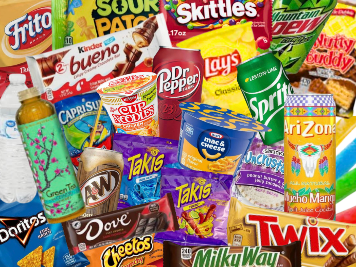 A variety of snacks and beverages including potato chips, candy, cookies, instant noodles, soda, energy drinks, and bottled water.