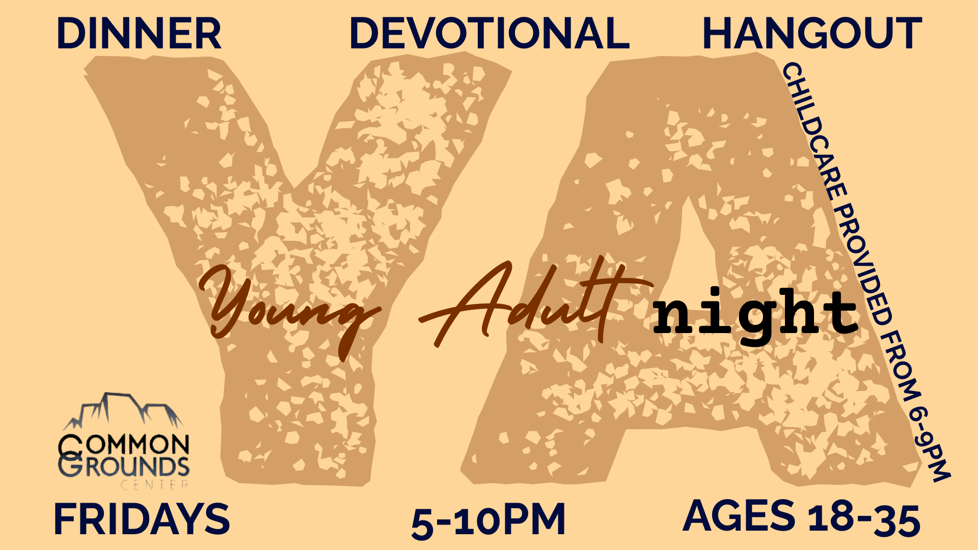 Event flyer for a youth adult night at Common Grounds, featuring a stylized background of two hands, with text indicating activities such as dinner, devotional, and hangout, scheduled on Friday from 5 to 10 PM for ages 18-35, with a note that children are welcome prior to 6 PM.