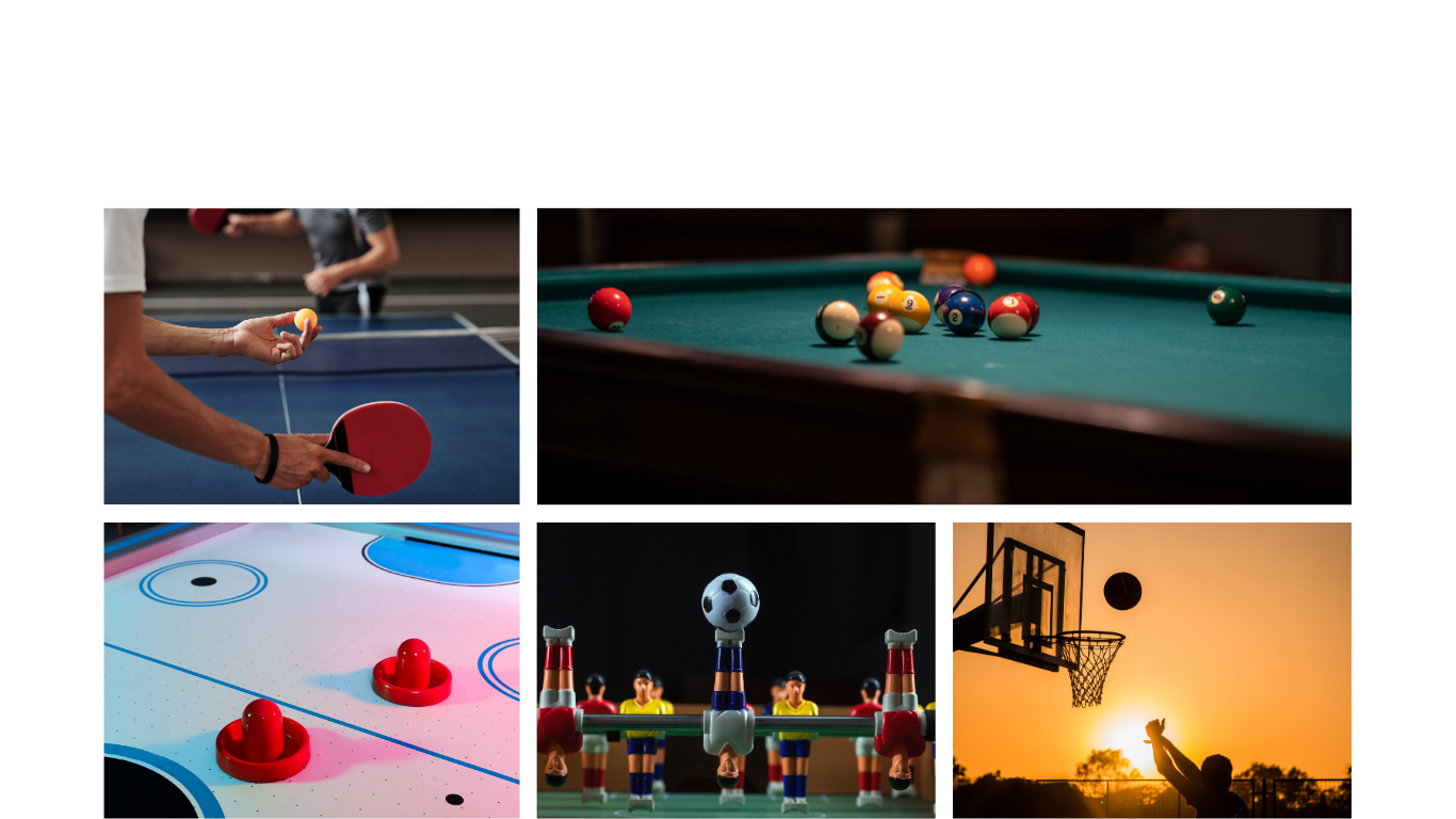Collage of sports activities including ping pong, pool, air hockey, foosball, and basketball during sunset.