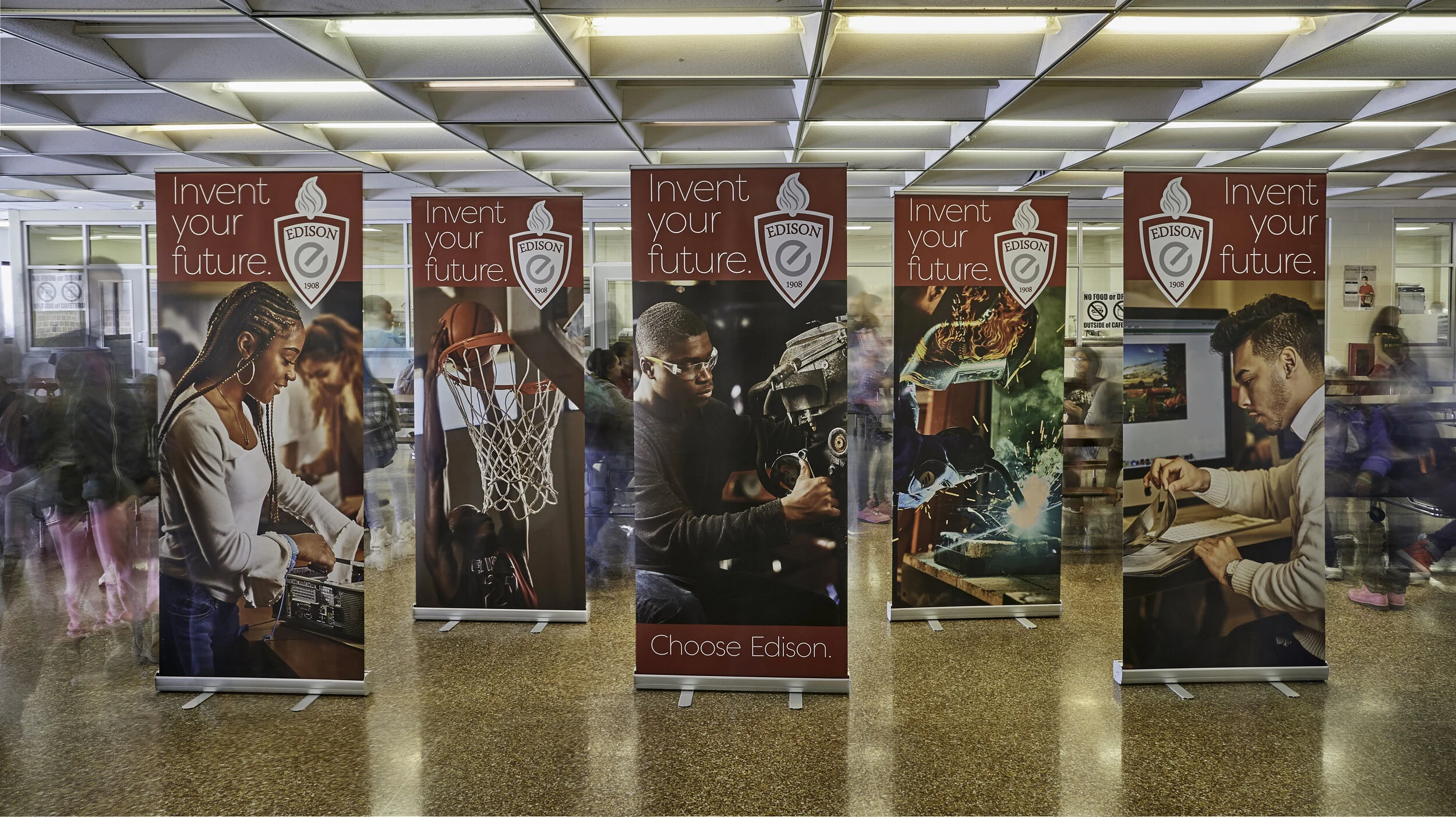 Four vertical banners promoting Edison with the slogan "Invent your future." and the logo. The banners feature diverse images of students.