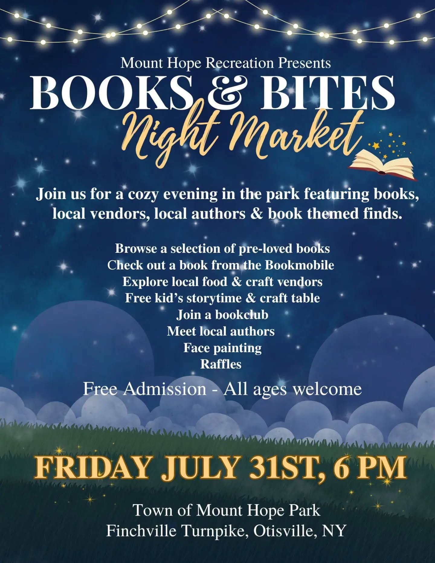 Join us this Friday at the Town of Mount Hope Park for the Books &amp; Bites Night Market, starting at 6 pm!

We'll have books for all ages, including signed copies of The Caretaker and We Used to Live Here, along with stickers, bookmarks, and other 