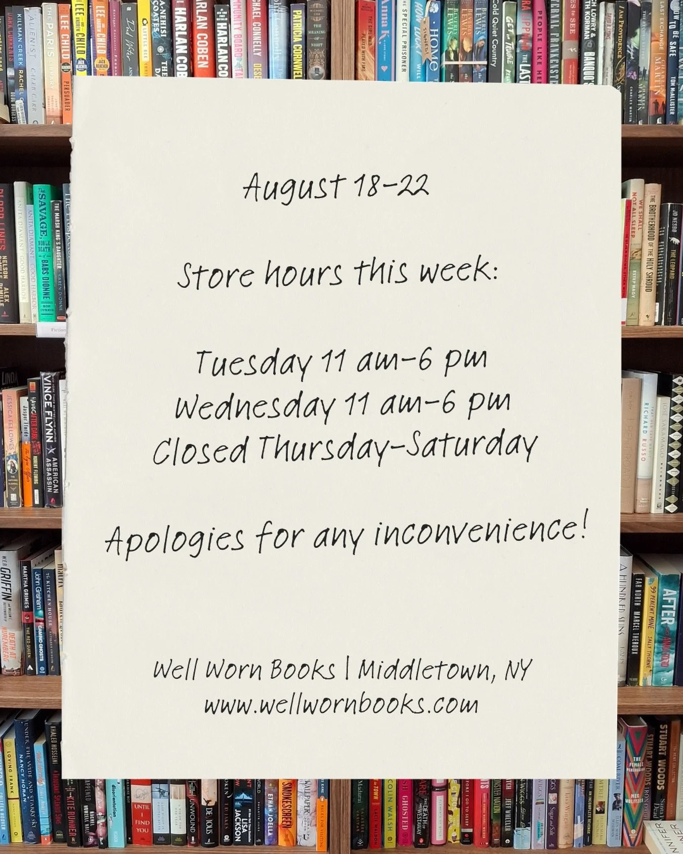 Apologies in advance for any inconvenience, but I need to take a few days off this week to help my husband recover from a routine surgery. The store will be open Tuesday and Wednesday (11 am-6 pm), but closed the rest of the week. Thanks for your und