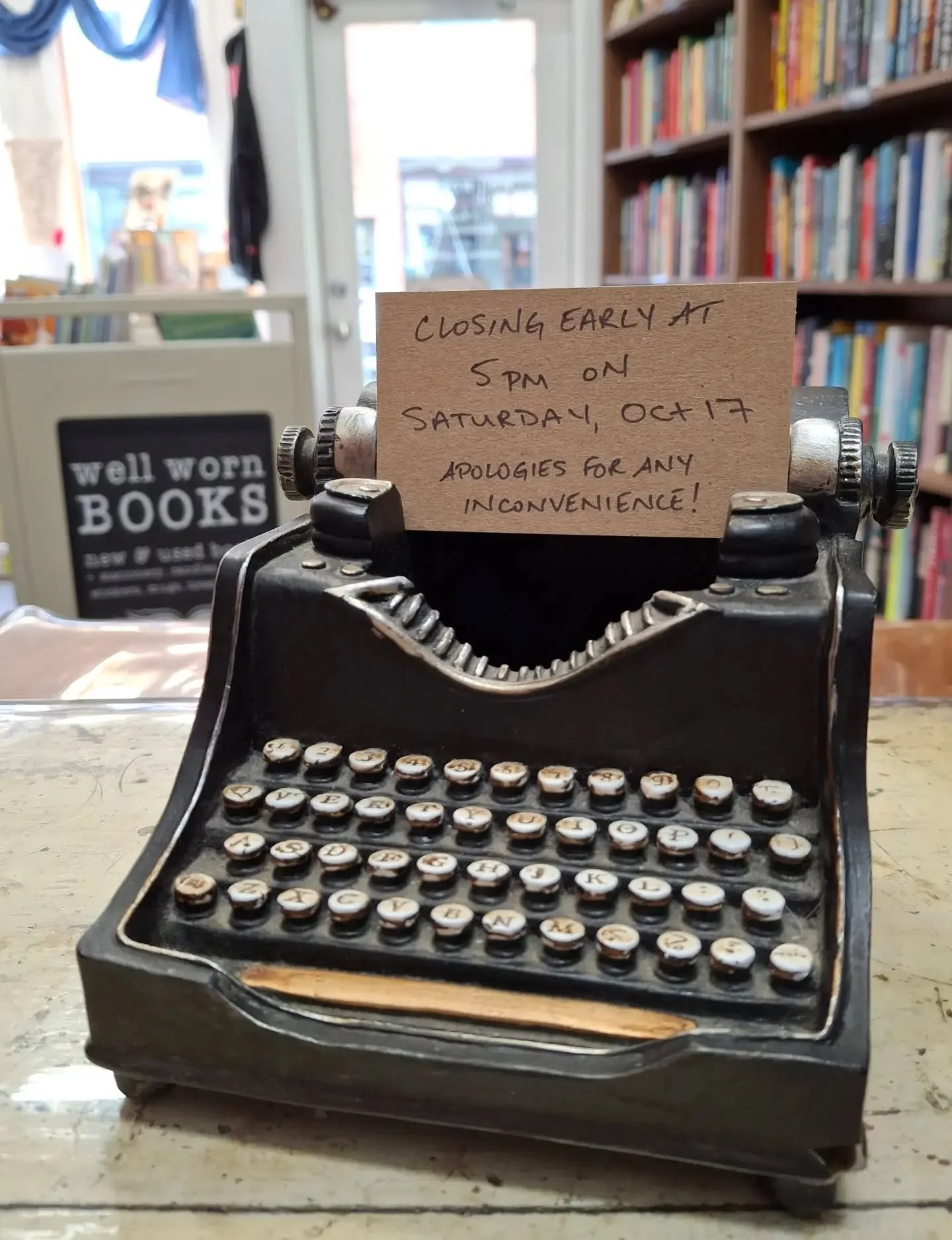 Just a heads up -- we'll be closing an hour early tomorrow, October 17. Apologies for any inconvenience!