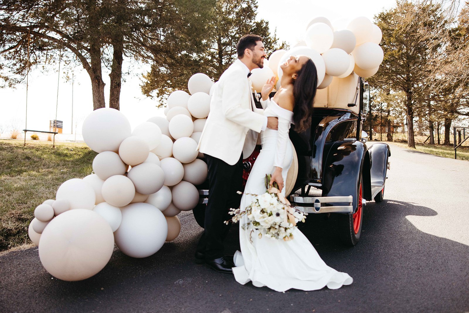 Bride and Groom with Vintage Car Springfield Wedding Venues