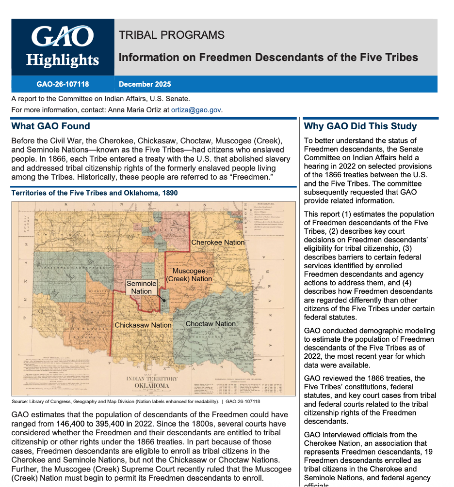 Title page of a report titled 'Information on Freedmen Descendants of the Five Tribes,' published by GAO in December 2025. It includes a map of Oklahoma from 1890 showing the territories of the Five Tribes and Oklahoma, with labels for Cherokee Nation, Chickasaw Nation, Seminole Nation, Muscogee (Creek) Nation, and Choctaw Nation.