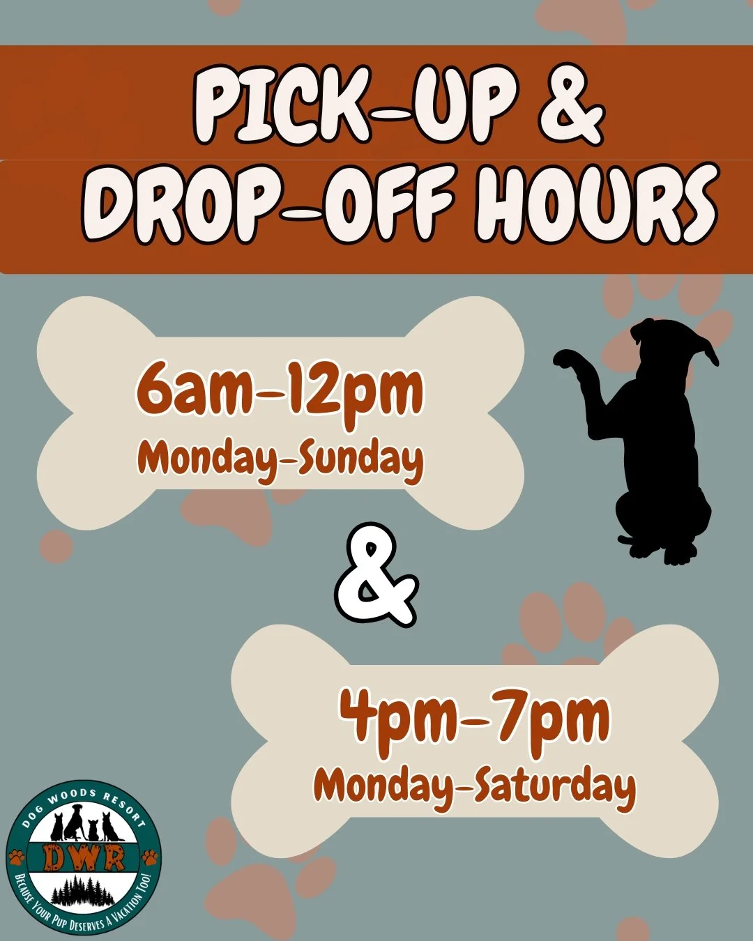 🐾 FAQ: PICK-UP &amp; DROP-OFF HOURS + MEET &amp; GREETS EXPLAINED!
One of our most common questions so we made it easy! Here&rsquo;s exactly when you can pick up or drop off your pup at DWR:
🌅 Morning Window
6am&ndash;12pm, Monday&ndash;Sunday
Grea