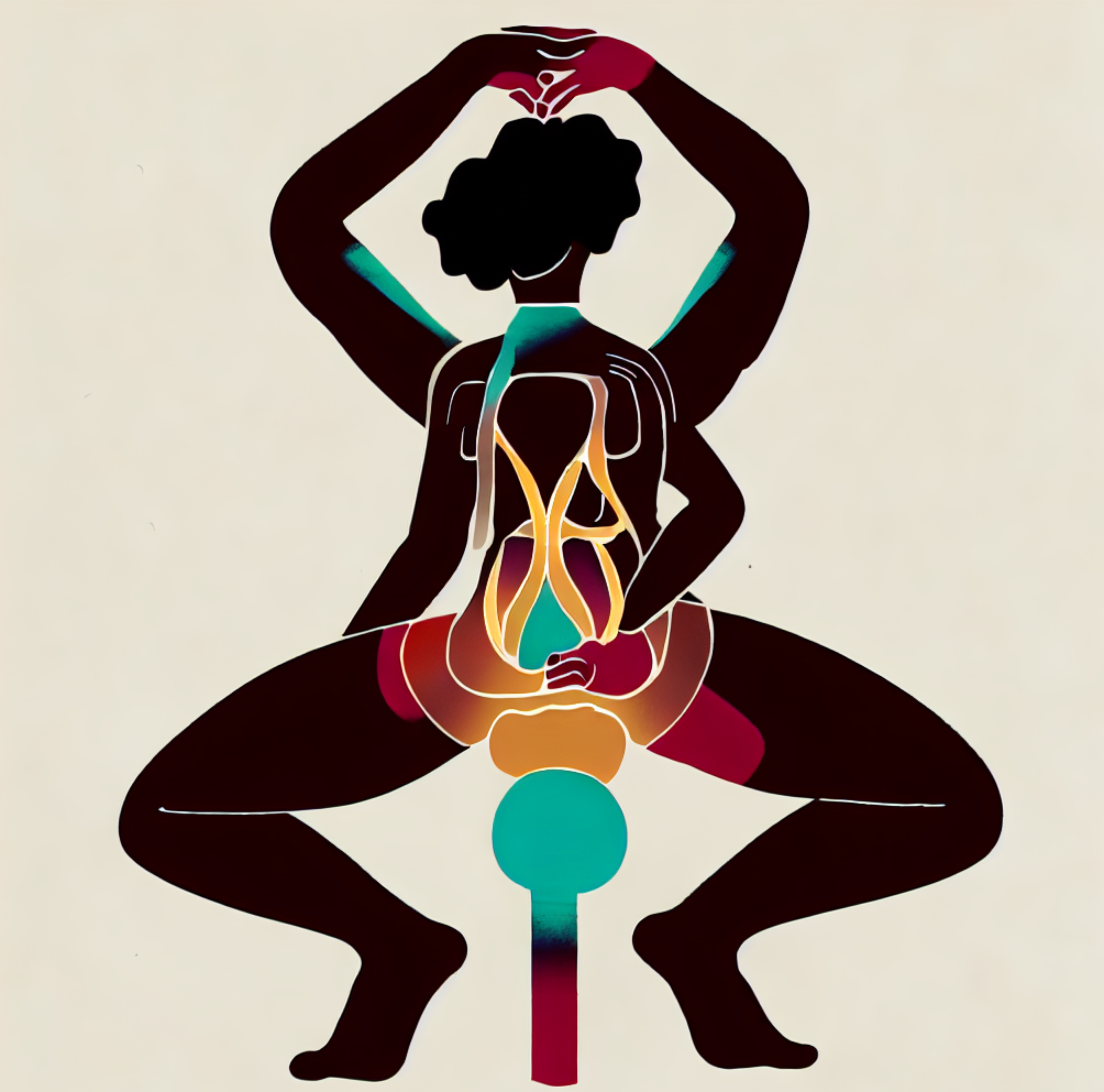 Stylized illustration of a person in a yoga pose with a backpack, bending forward with arms behind her head, abstract patterns, and vibrant colors.