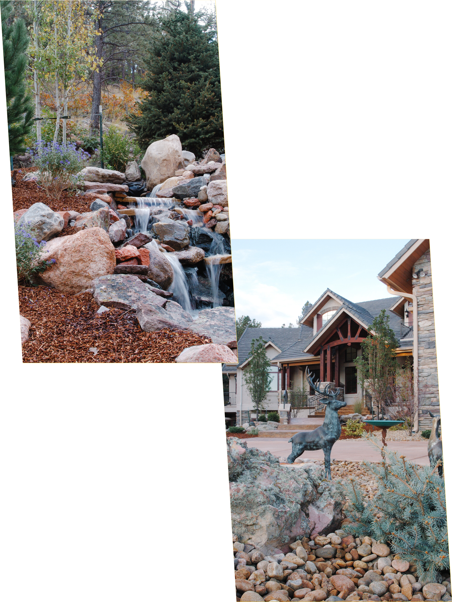 Colorado landscaping in a custom home with waterfall feature.
