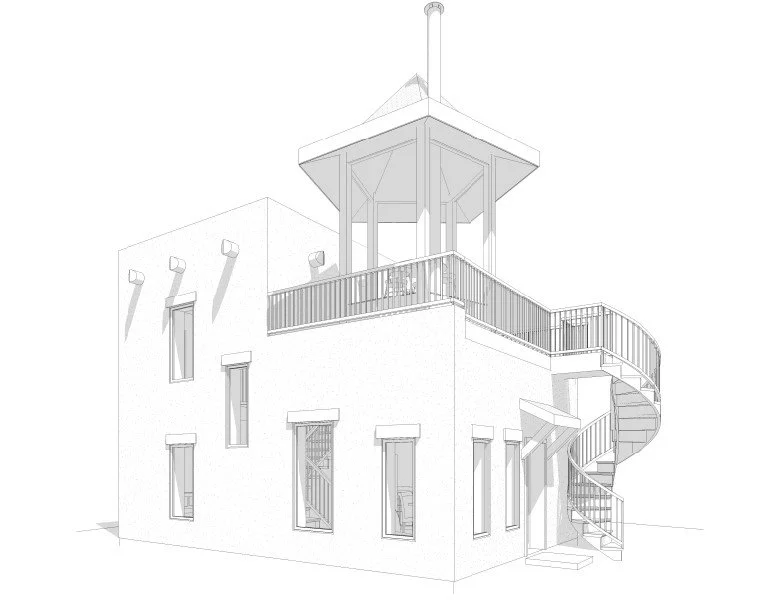 LGA Studios 3D Revit model rendering of the ADU exterior, featuring Faswall block walls and the five-corner rooftop gazebo.