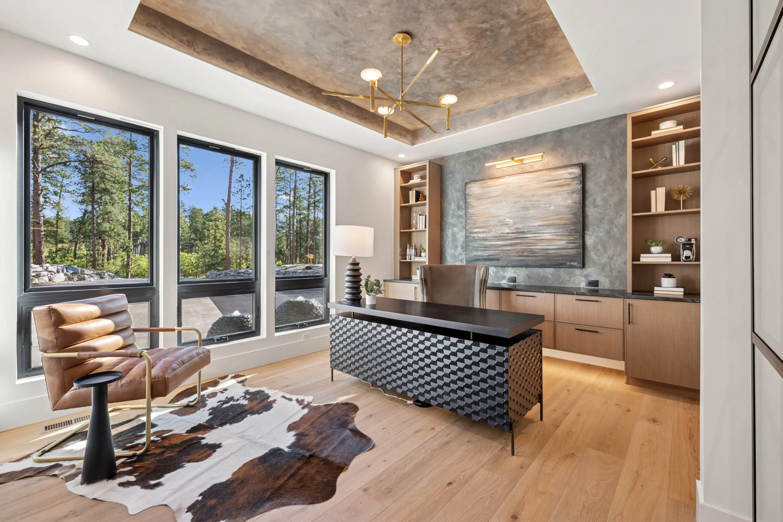 Contemporary home office with warm details.