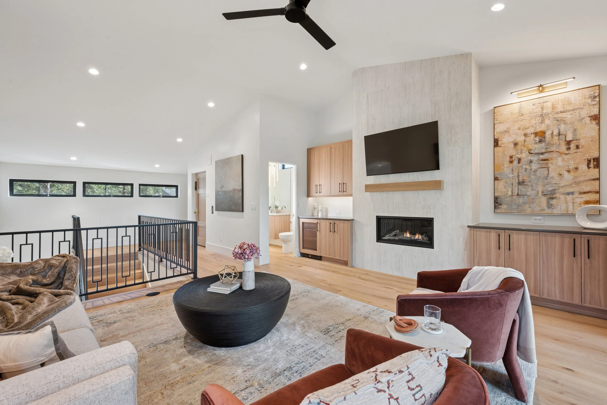 Upper level loft with fireplace and views in Colorado Springs home.