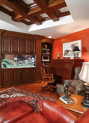 Home office with wood beam ceiling. 