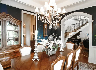Blue European style dining room. 