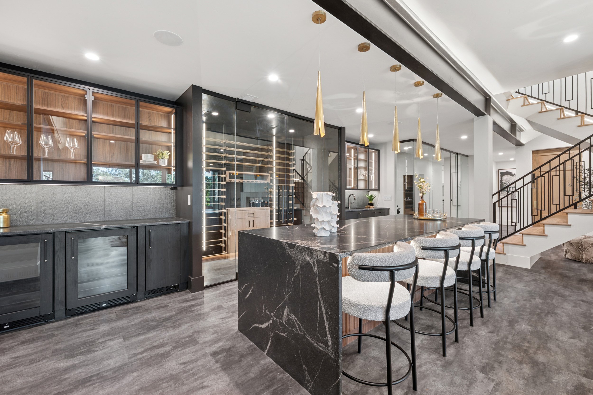 Contemporary wine room and wet bar. 