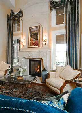 Custom home European style fireplace.