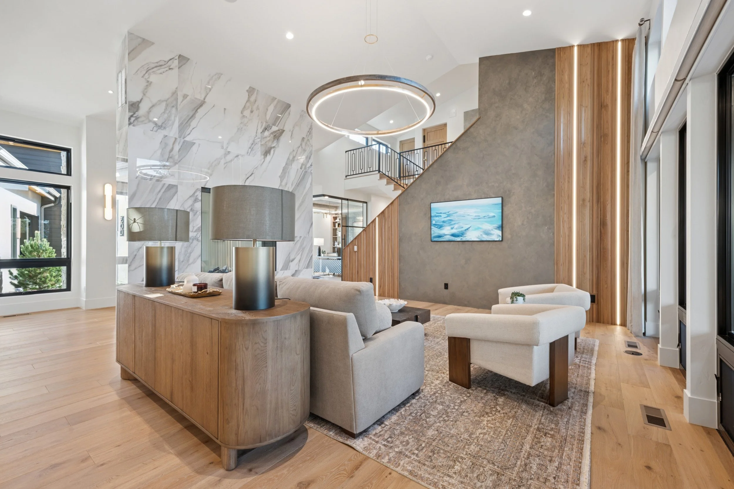 Contemporary textures and finishes in warm home interior.
