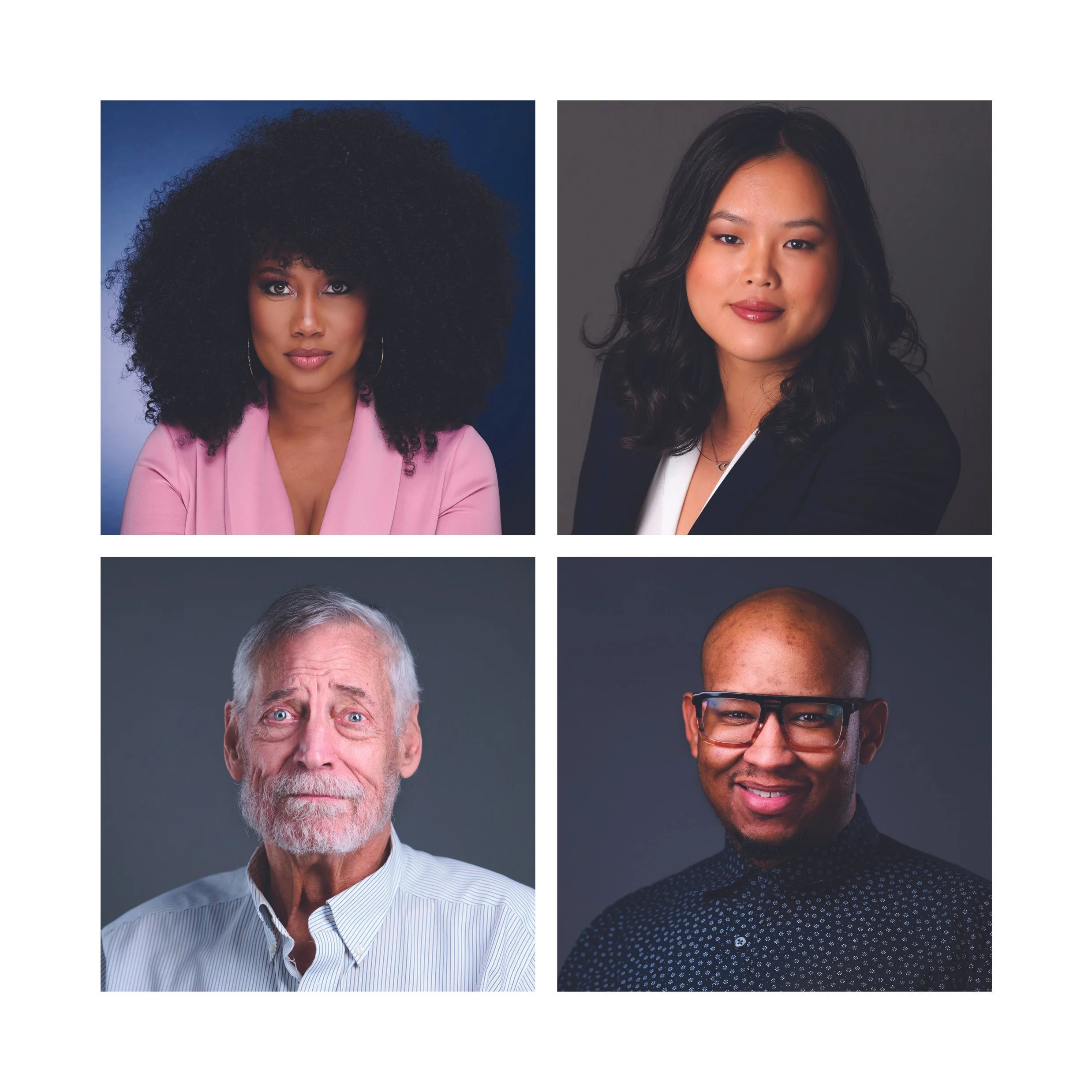 Collage of four headshot portraits of diverse individuals in professional attire, against plain backgrounds.