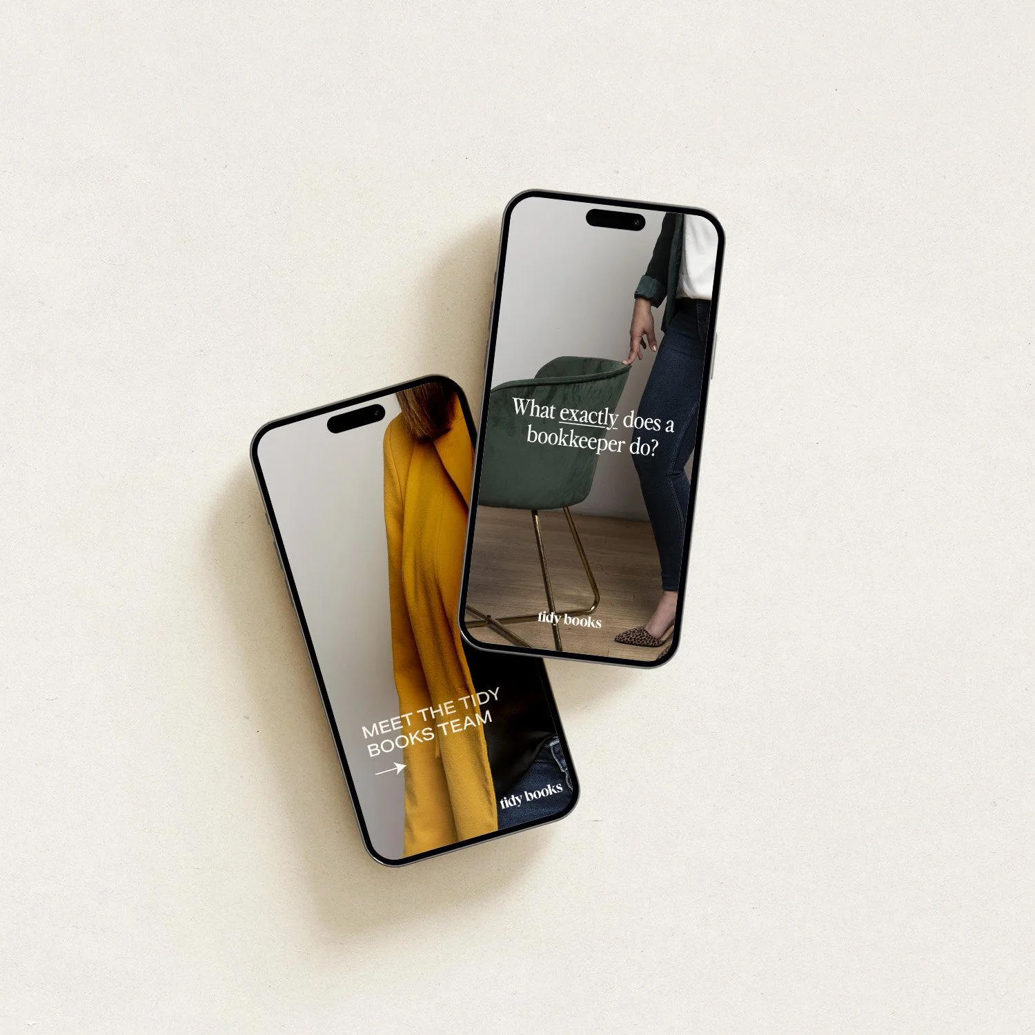 Two smartphones lying on a white surface, one displaying text about a bookkeeper and the other showing a segment of a person in a yellow coat, with part of the text "MEET THE TIDY BOOKS TEAM".
