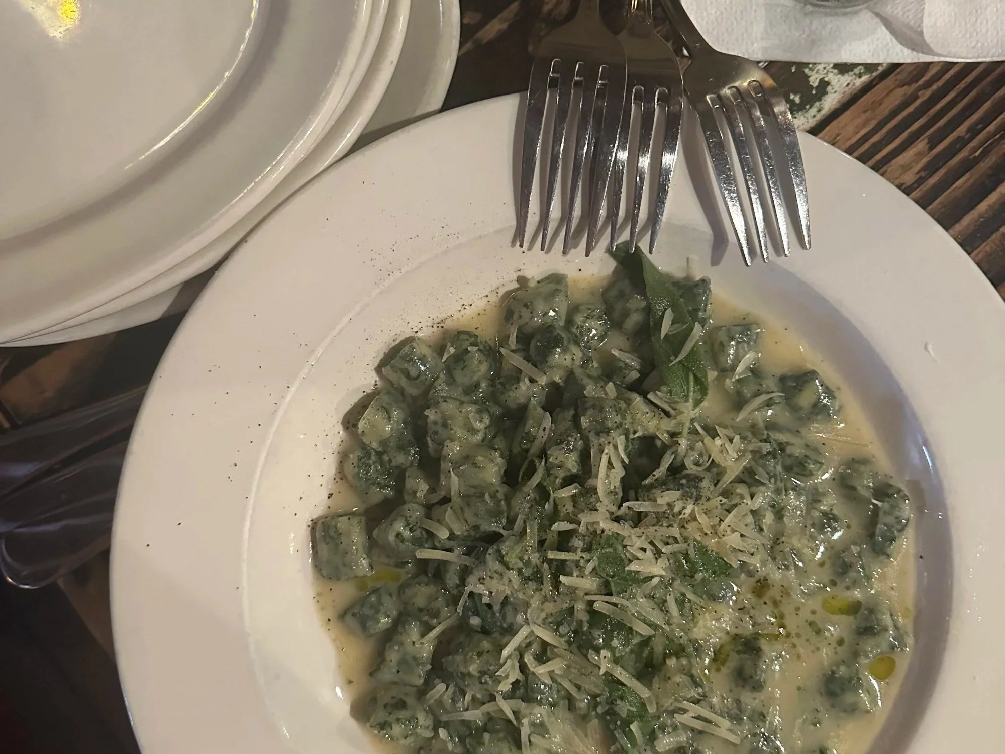 Gnocchetti di spinaci, handmade spinach and ricotta gnocchi in sage butter at Scottadito, Park Slope Brooklyn