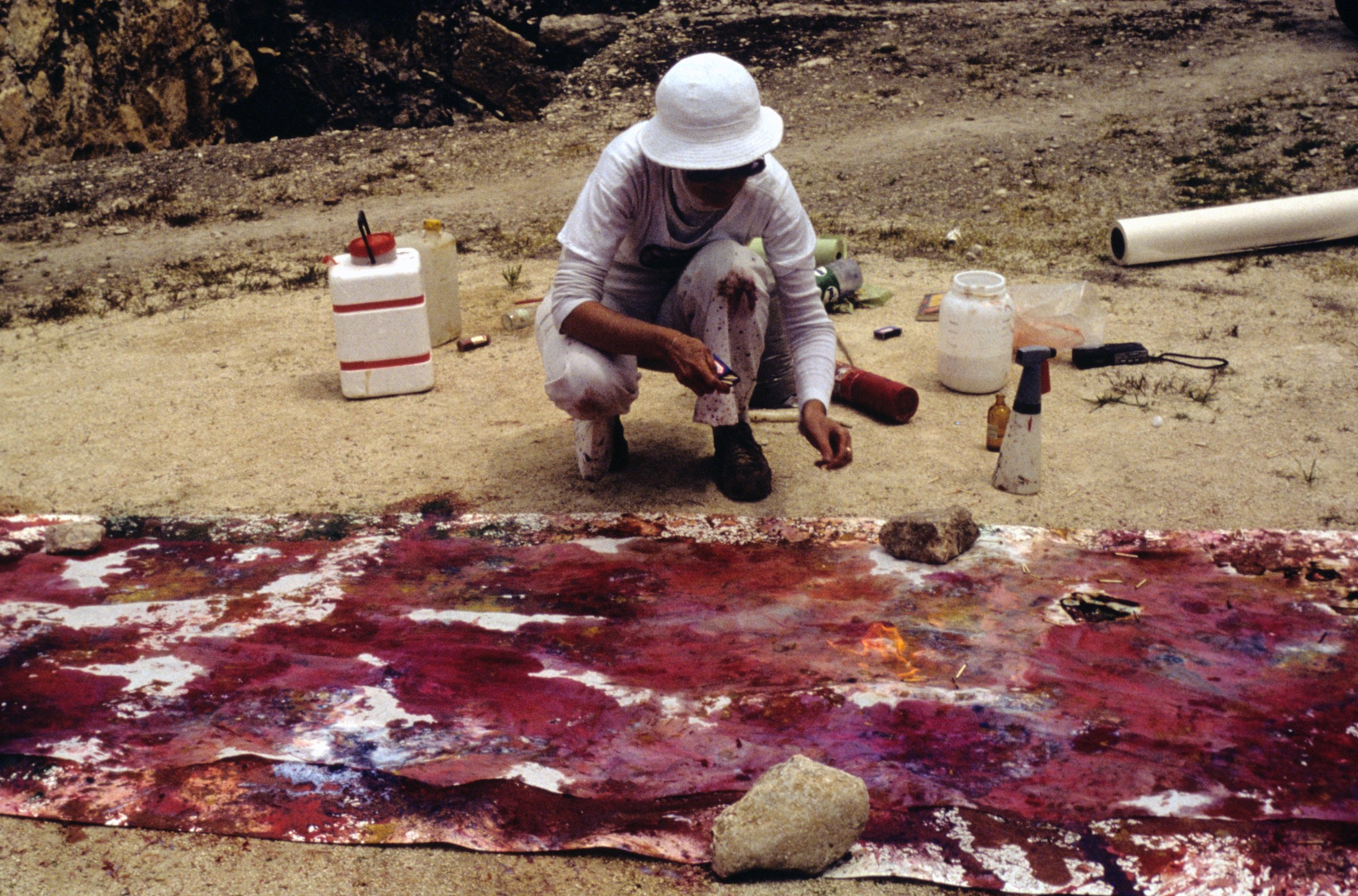 Beth Ames Swartz using fire in painting process, Jerusalem 1980