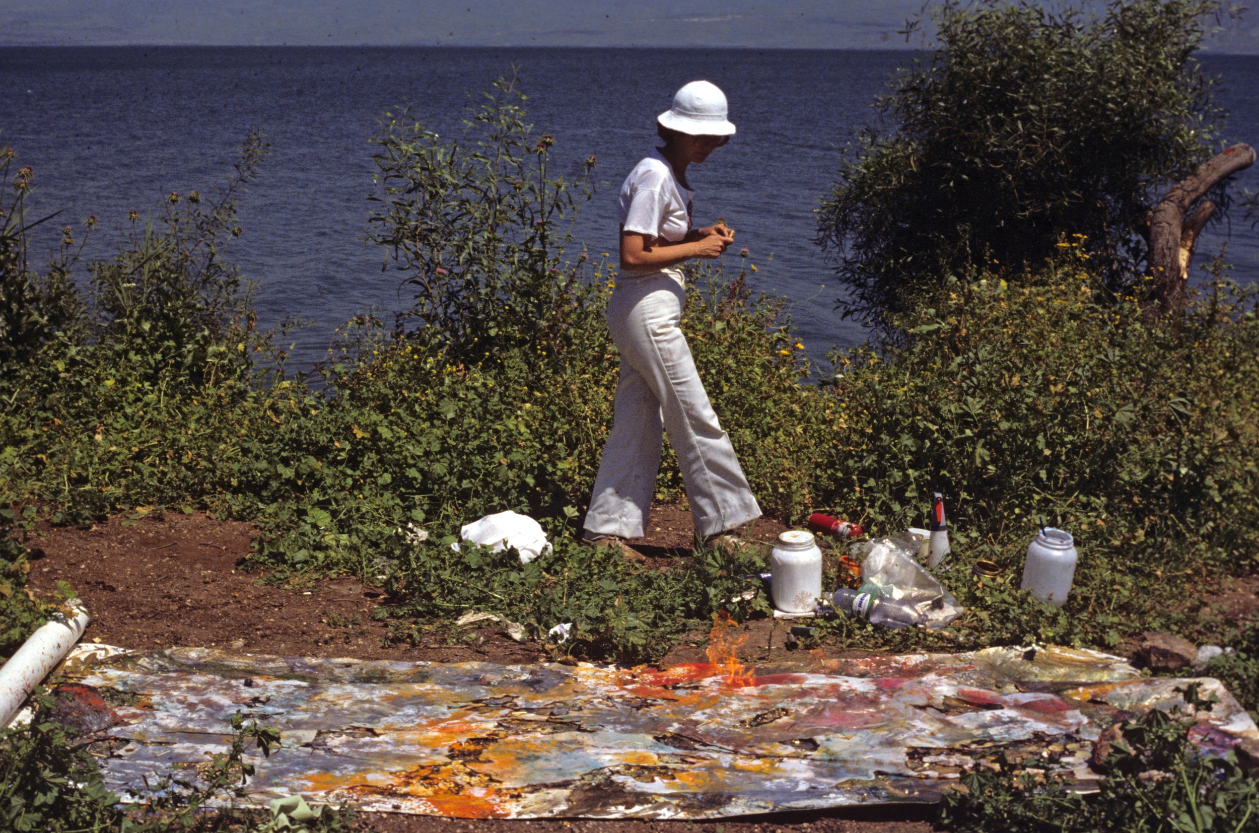 Beth Ames Swartz painting using fire, Tiberius Israel, 1980
