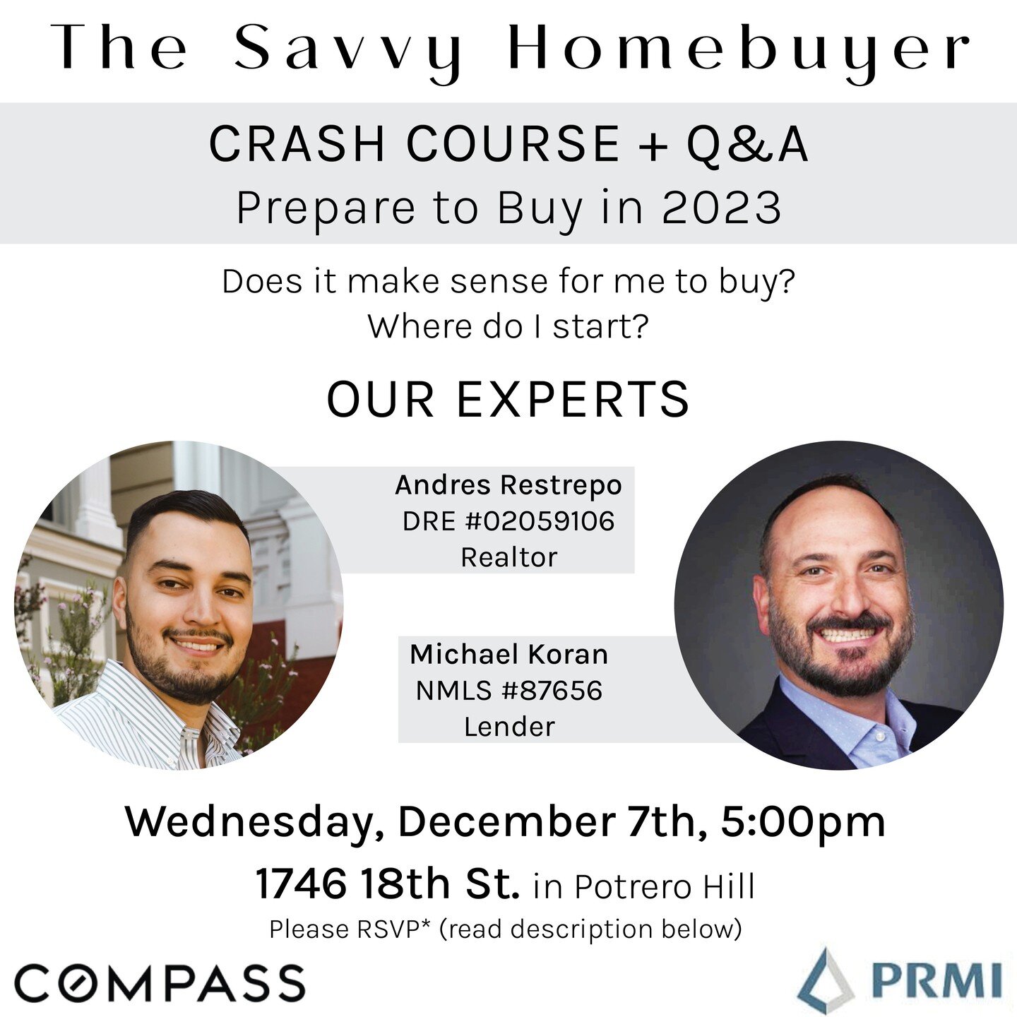 You're invited to our first time homebuyer seminar this Wednesday, December 7th at 5:00pm in Potrero Hill! Hosted by our Andres and local lender Mike at 1746 18th St.

*Please RSVP in our Linktree (link in bio). Refreshments and light snacks will be 
