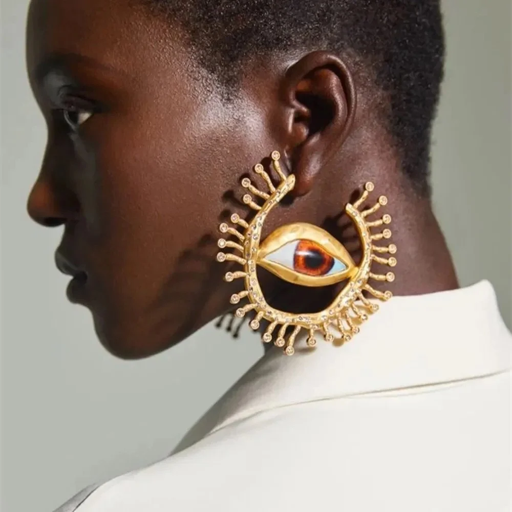 Old Baroque Surrealist Eye Sunburst Hoop Earrings