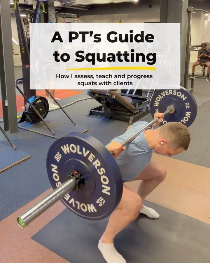 How I assess, teach, and progress squats with PT clients.⁣
⁣
Squats are a natural movement - but one many people lose confidence in over time.⁣
⁣
When I start working with someone, I don&rsquo;t jump straight to putting a barbell on their back and se