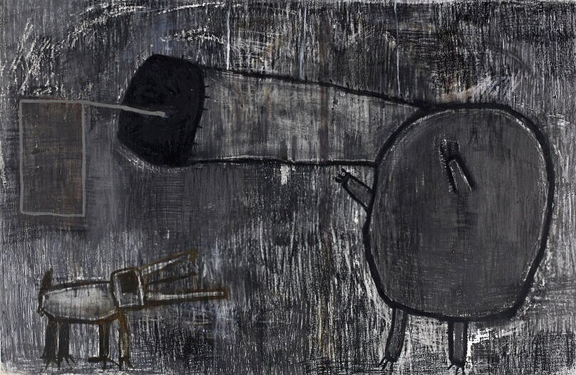 'Dog with cannon' graphite and oil on canvas, 120x150cm, 2003