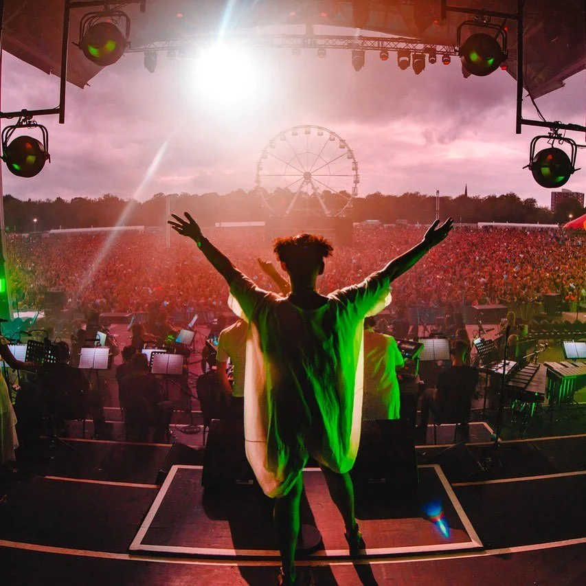 Performer on stage at a large outdoor concert with arms raised, facing a massive crowd, with a Ferris wheel in the background during sunset or dusk.