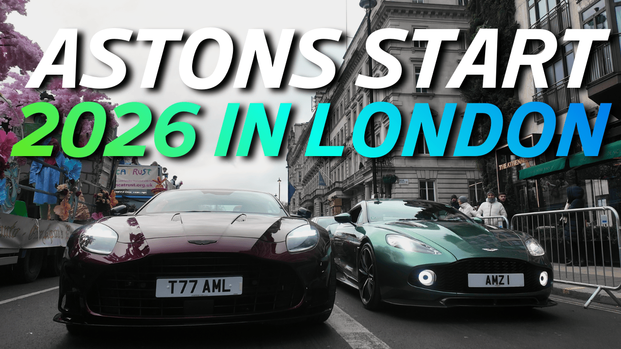 Two luxury Aston Martin cars parked on a city street in London, with a parade or event happening nearby, and large text overlay reading "Aston Start 2026 in London".
