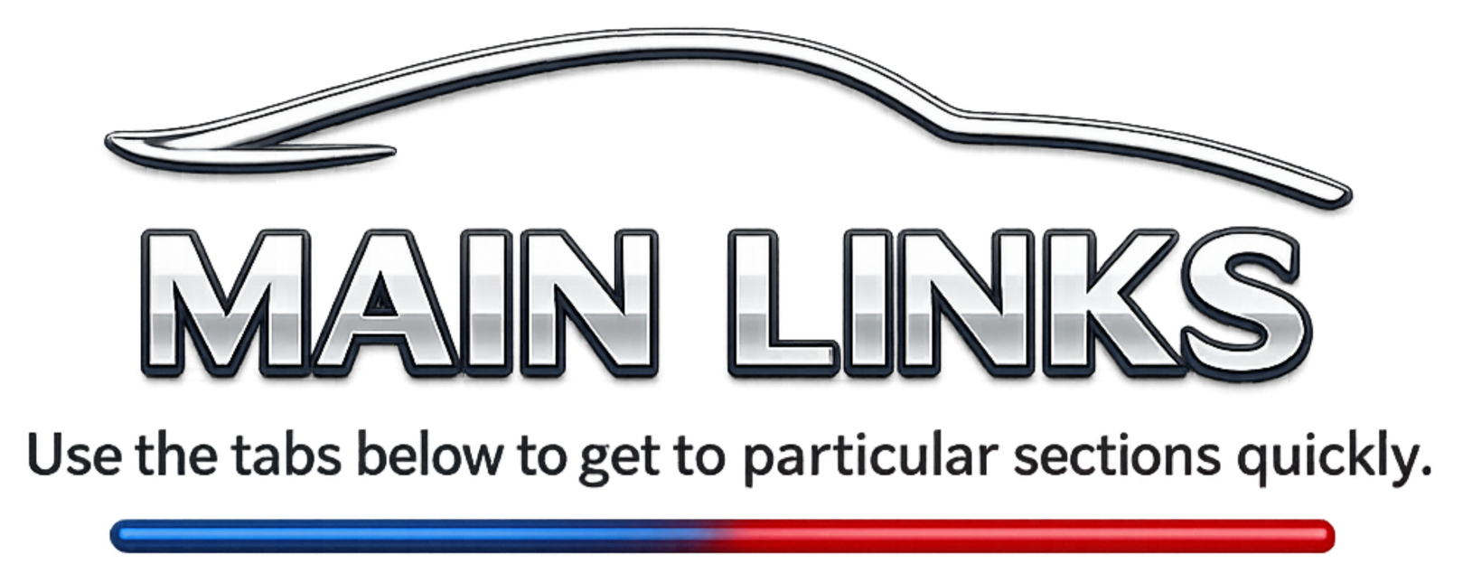 Logo with a car silhouette and the words 'Main Links'. Text below says 'Use the tabs below to get to particular sections quickly.' A blue and red bar underneath.