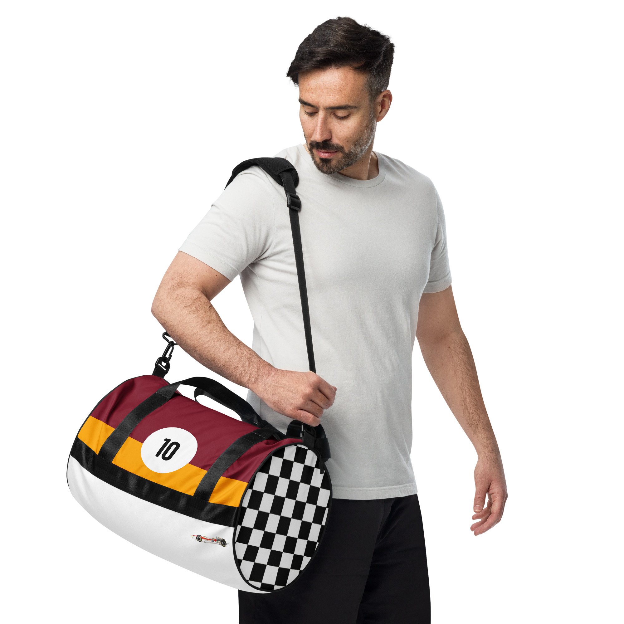 Man carrying a historic Racing Car Type 49 #10 gym bag, holdall, Motorsport luggage