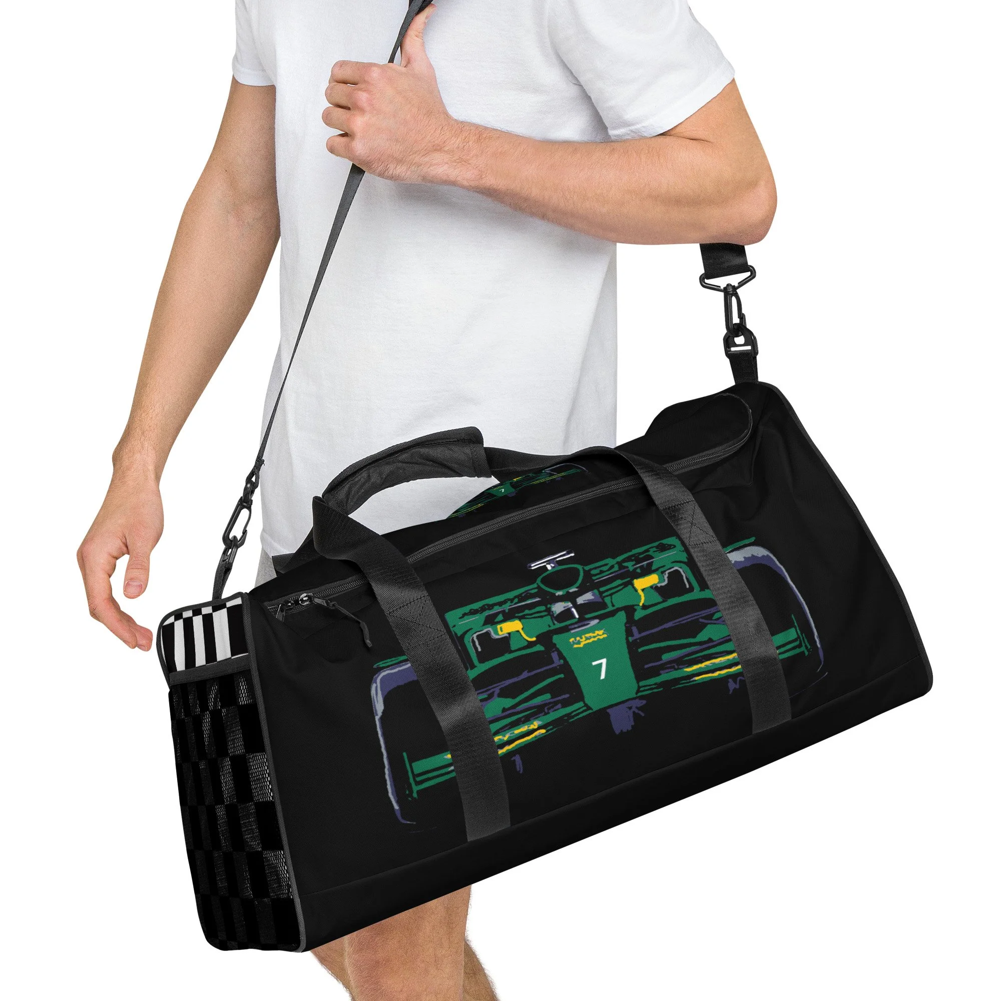 man carrying a green and black Formula Racing Car Duffle Bag luggage holdall