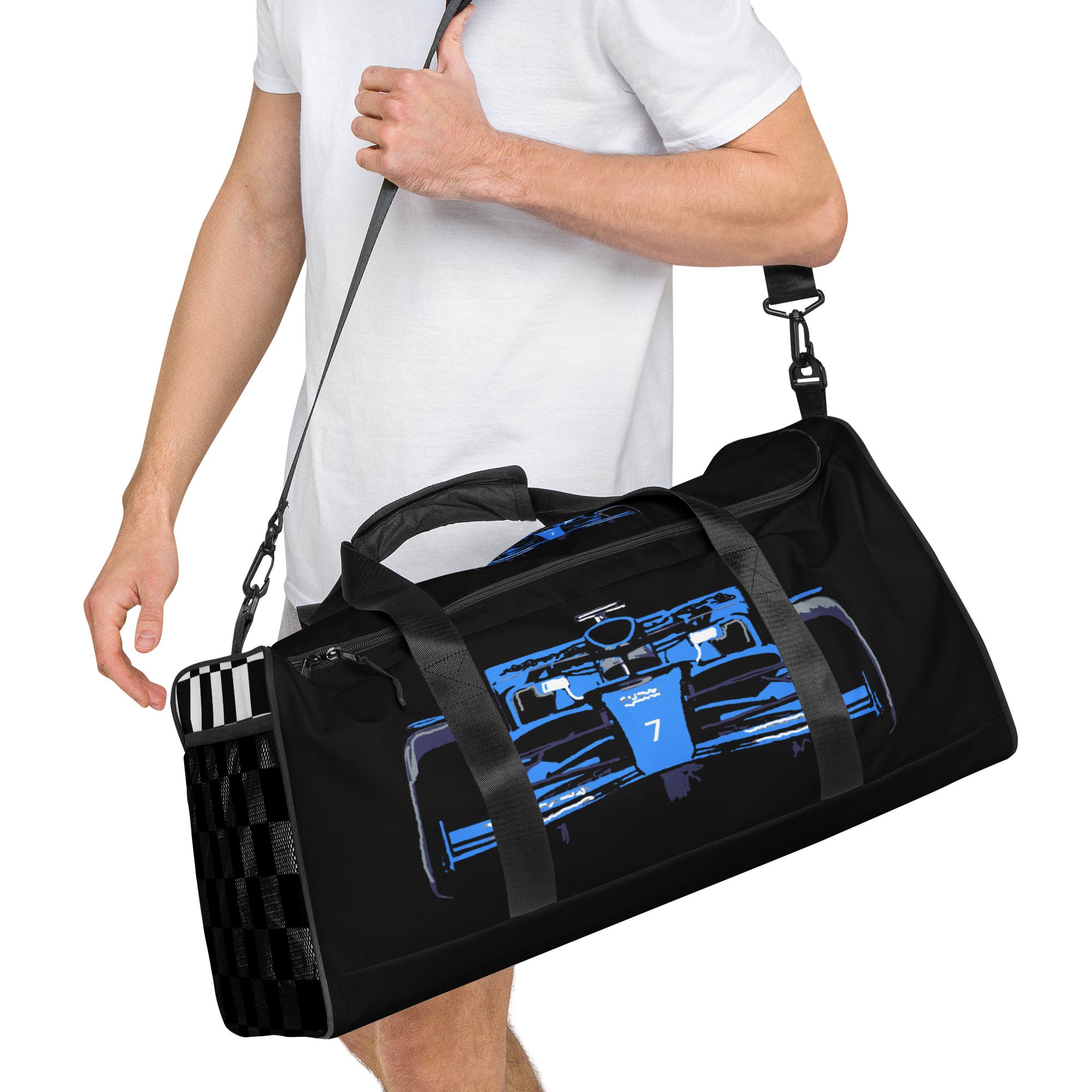 man carrying a blue and black Formula Racing Car Duffle Bag luggage holdall