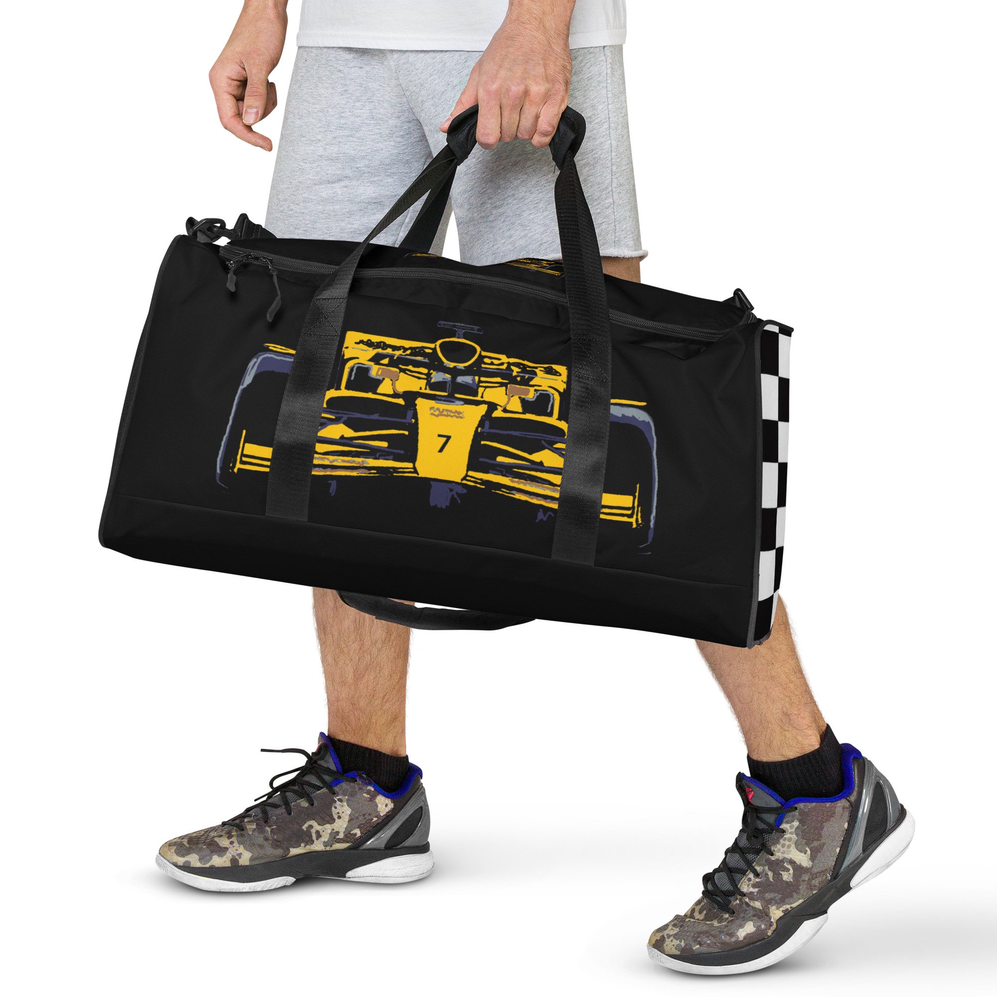 man carrying a yellow and black Formula Racing Car Duffle Bag luggage holdall