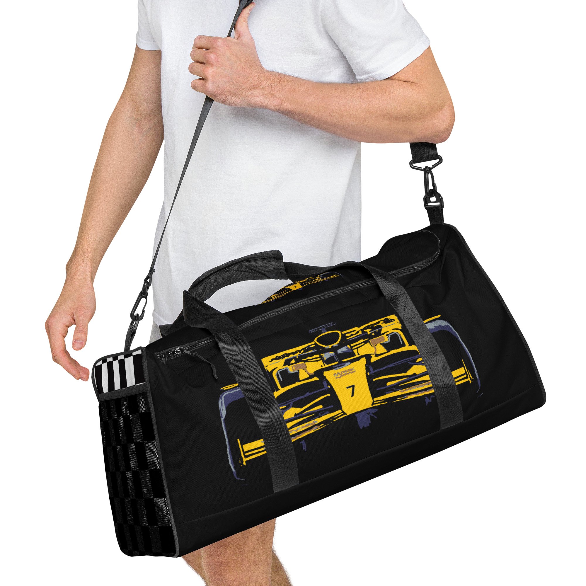 man carrying a yellow and black Formula Racing Car Duffle Bag luggage holdall