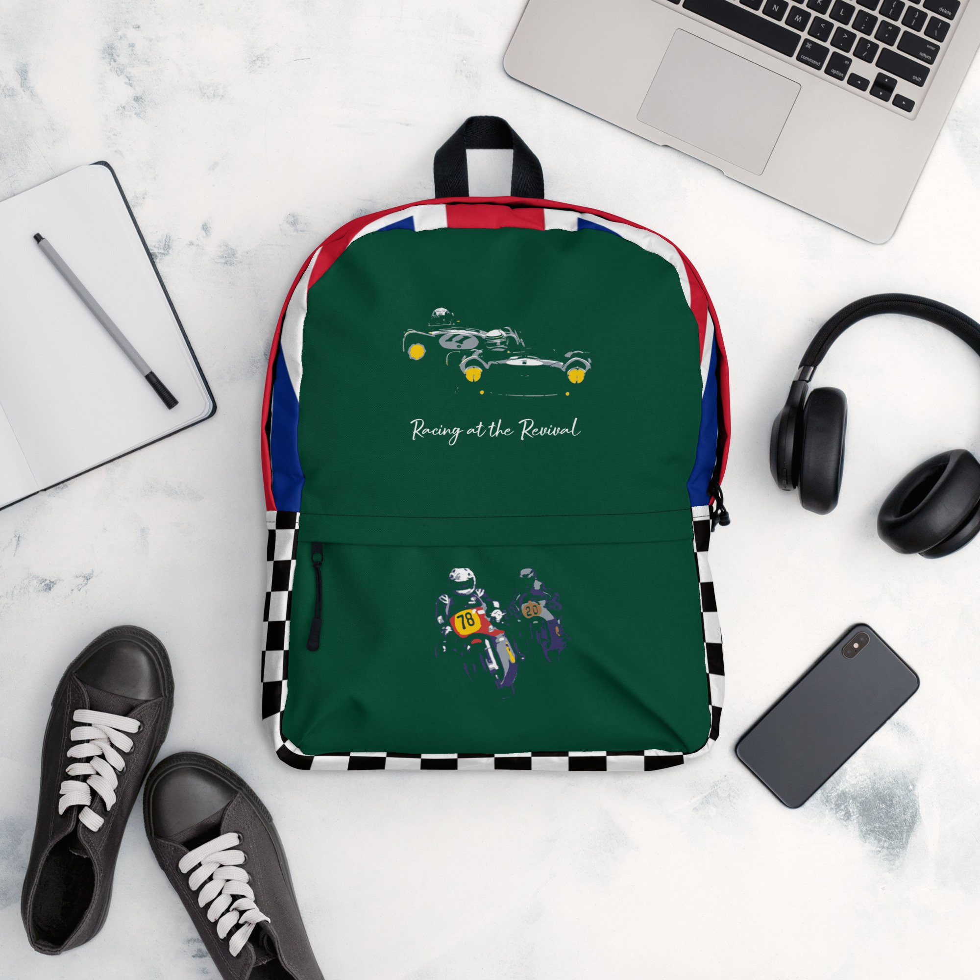 British Racing Green Racing at the Revival, chequered flag and union jack backpack rucksack