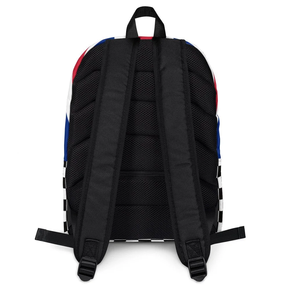 Rear of a British Racing Green Racing at the Revival, chequered flag and union jack backpack rucksack