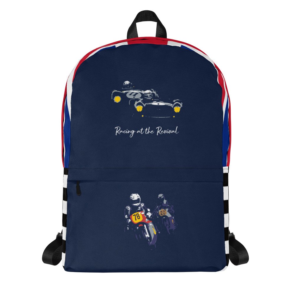 Racing at the Revival, chequered flag and union jack backpack rucksack