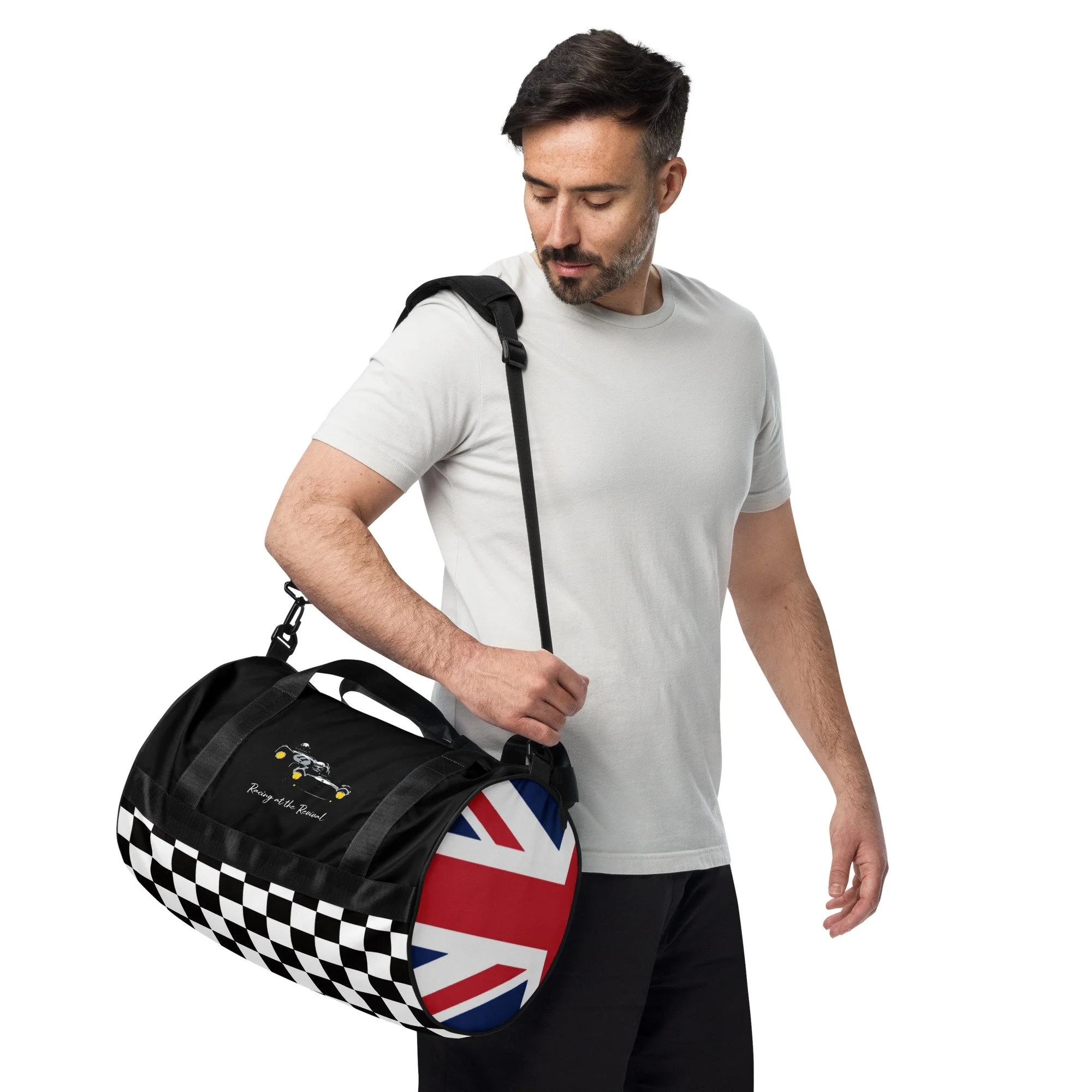 Man carrying a Black Only at the Revival gym bag, holdall, luggage, Goodwood Revival