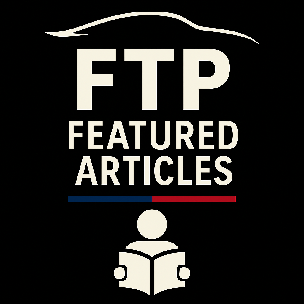 Graphic with the text 'FTP Featured Articles' and an icon of a person reading a book, with a curving outline of a car above and a red and blue line below.