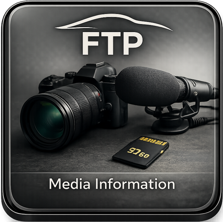 A camera, microphone, and memory card with the words 'FTP' and 'Media Information' on a dark background.