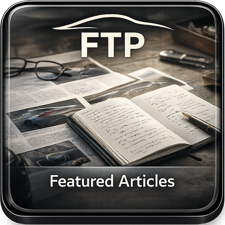 A desk with an open book, photographs, eyeglasses, a pen, and a phone. The text reads 'FTP' and 'Featured Articles.'