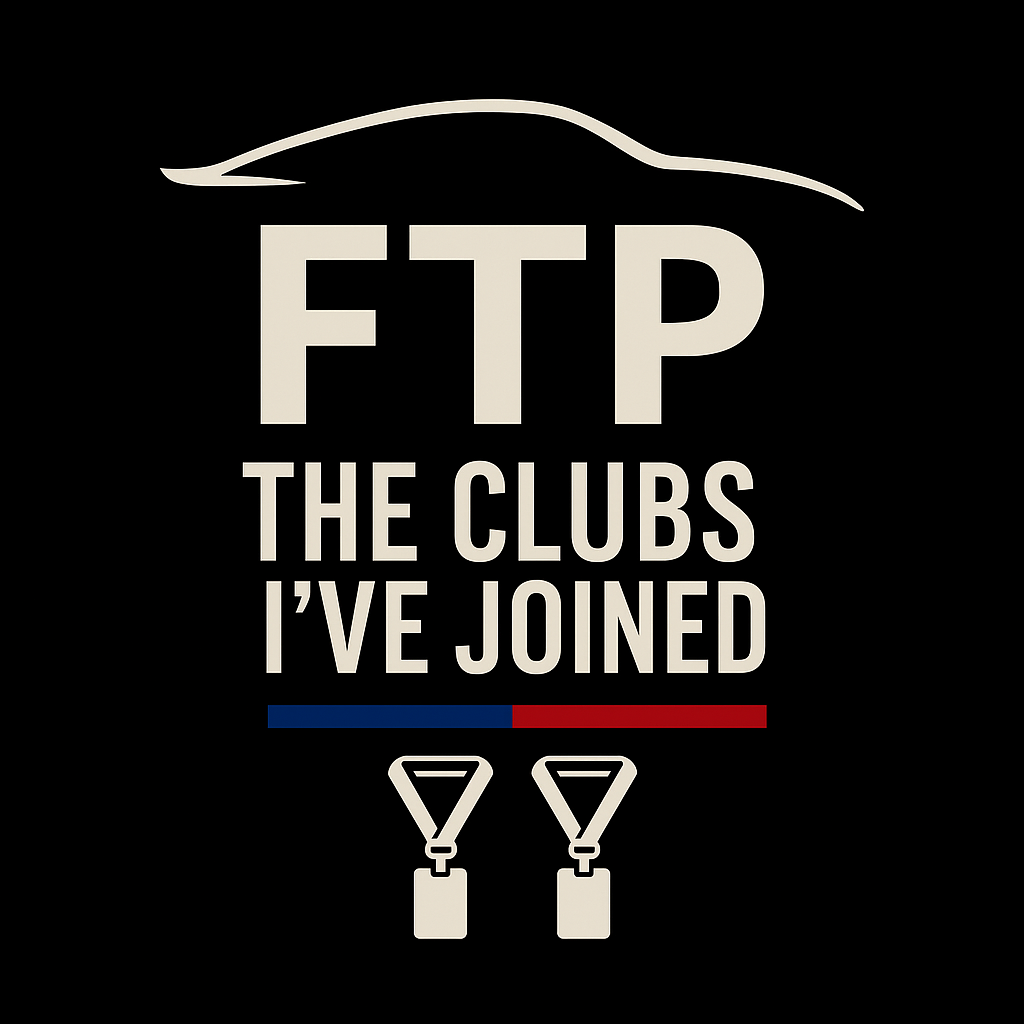 Black background with the text "FTP: The Clubs I've Joined" and two lanyards at the bottom, with a light line above the text.