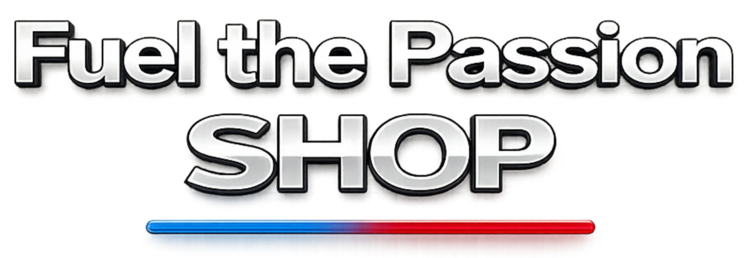 Text graphic reading 'Fuel the Passion SHOP' with a red and blue bar underneath.
