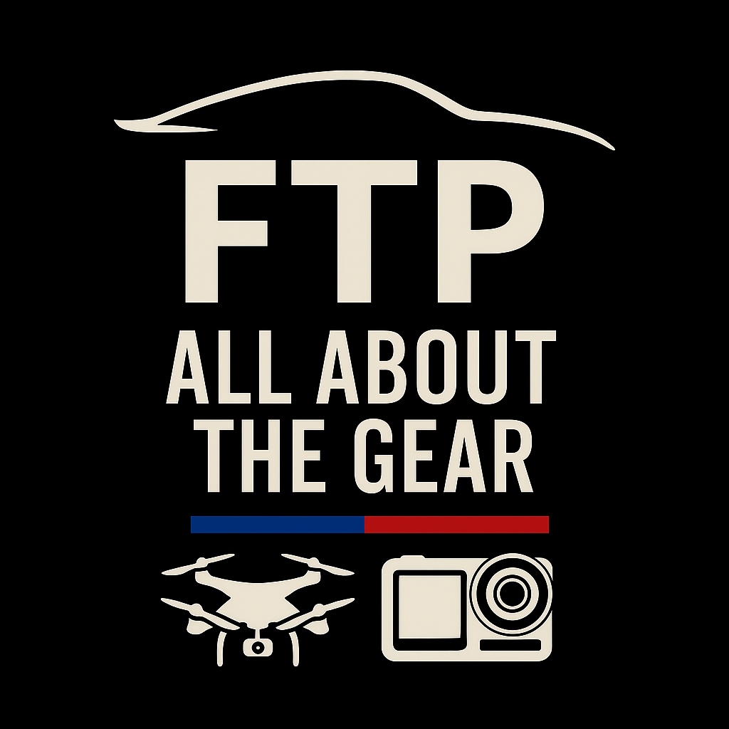 Black background with white text reading "FTP All About the Gear" and images of a drone, a camera, and a small digital device.